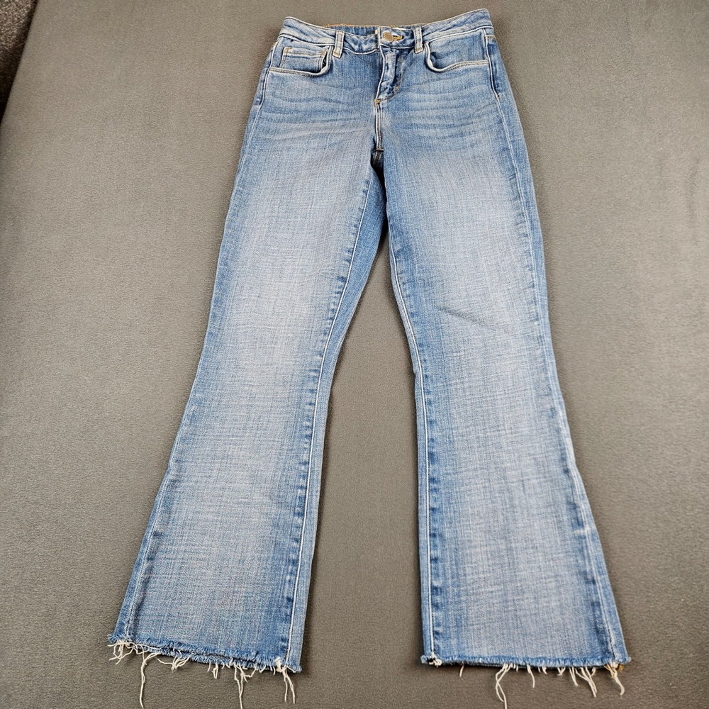 L'AGENCE Kendra High Rise Cropped Flare Jeans Size 23 Dry Ice Raw Hem Blue Denim